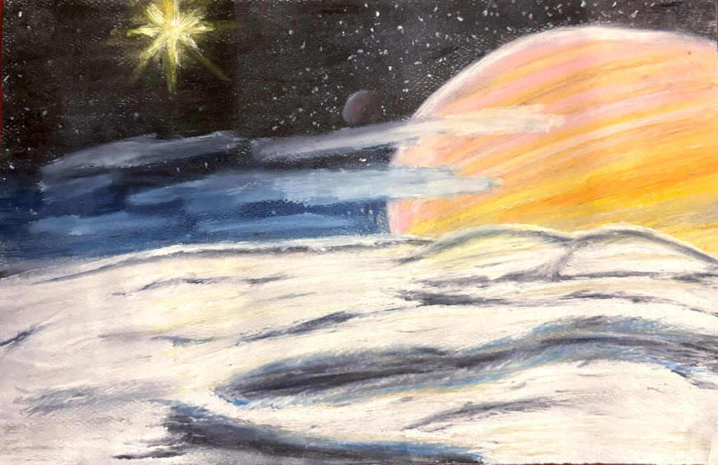 An oil pastel piece of the wintry, white surface of a moon. Thin atmospheric clouds float above the undulating tundra. A gas giant peeks over the horizon. A smaller, dark moon hangs behind the planet. A distant, yellow sun glows in the black sky of space, with smaller pinpricks of other stars dotting the background.